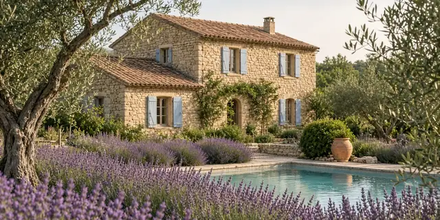 Mas provençal en pierre aux volets bleus, avec une piscine entourée d'oliviers et de lavande