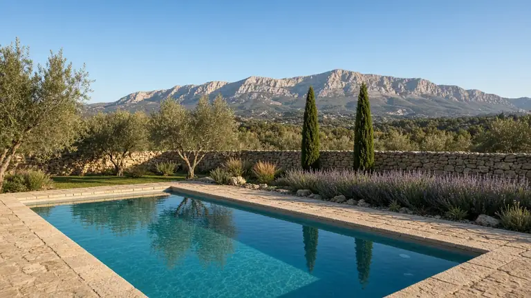 Piscine bordée de pierre naturelle dans un jardin provençal, avec oliviers, cyprès, lavande et la montagne Sainte-Victoire en arrière-plan