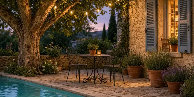 Terrasse provençale au crépuscule sous un platane, table en fer forgé, pots de lavande et piscine éclairée